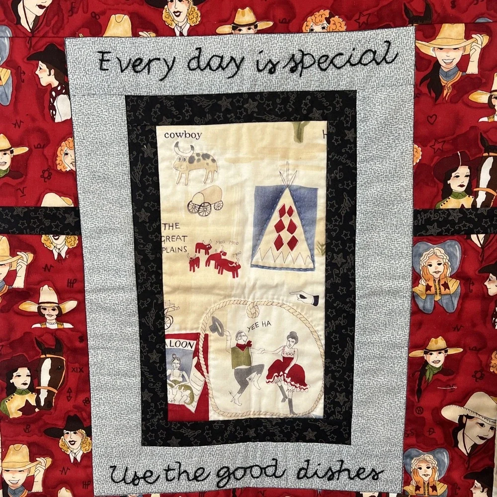 Quilted embroidered‎ western cowboy cowgirl wall hanging Two Sided 18.5